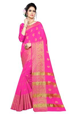 Kimisha Pink Silk Blend Border Work Jacquard Butti Saree With Running Blouse 1