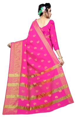 Kimisha Pink Silk Blend Border Work Jacquard Butti Saree With Running Blouse 2