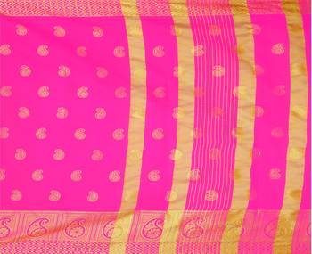 Kimisha Pink Silk Blend Border Work Jacquard Butti Saree With Running Blouse 3