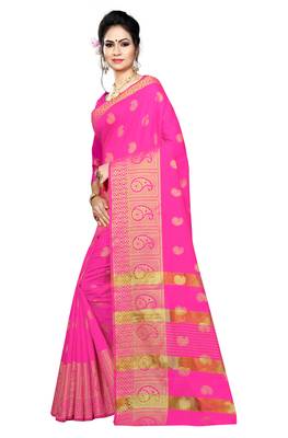 Kimisha Pink Silk Blend Border Work Jacquard Butti Saree With Running Blouse 4