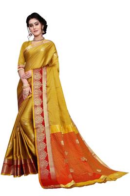 Kimisha Gold Cotton Silk Border Work Jacquard Butti Saree With Running Blouse 1