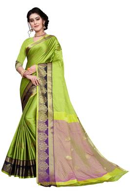 Kimisha Lgreen Cotton Silk Border Work Jacquard Butti Saree With Running Blouse 1