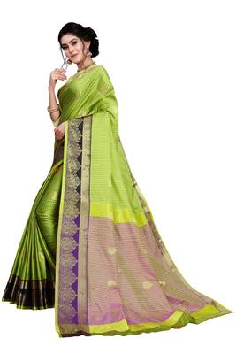 Kimisha Lgreen Cotton Silk Border Work Jacquard Butti Saree With Running Blouse 5