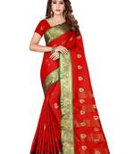 Kimisha Red Cotton Silk Border Work Banarasi Saree With Running Blouse