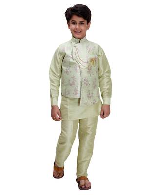 Green printed cotton silk boys-kurta-pyjama 1