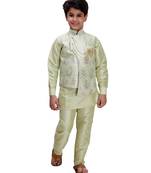 Green printed cotton silk boys-kurta-pyjama
