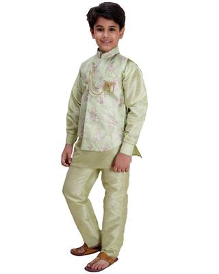 Green printed cotton silk boys-kurta-pyjama 3