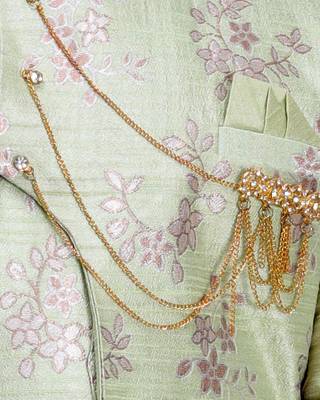 Green printed cotton silk boys-kurta-pyjama 4