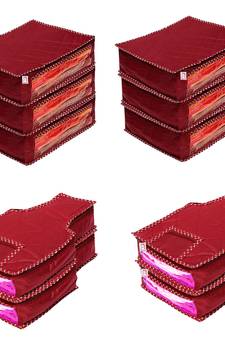 atorakushon   Fabric Saree Cover Blouse Garments Cover Bag Clothes Storage Wardrobe Organiser Set of 10 (Maroon)