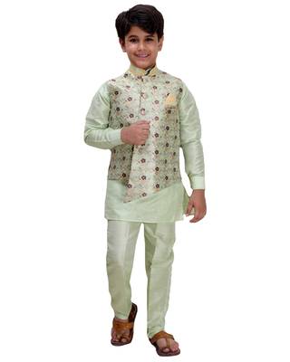 Green printed cotton silk boys-kurta-pyjama 1