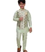Green printed cotton silk boys-kurta-pyjama