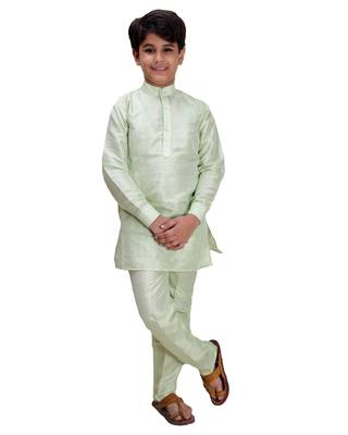 Green printed cotton silk boys-kurta-pyjama 2