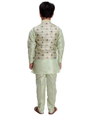 Green printed cotton silk boys-kurta-pyjama 5