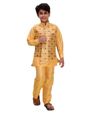 Yellow printed cotton silk boys-kurta-pyjama 1