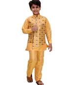 Yellow printed cotton silk boys-kurta-pyjama