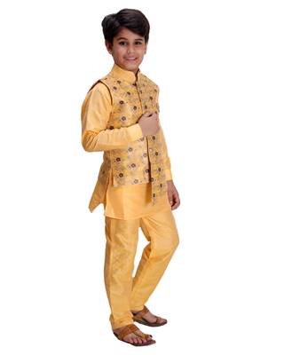 Yellow printed cotton silk boys-kurta-pyjama 2