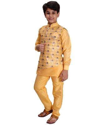 Yellow printed cotton silk boys-kurta-pyjama 3