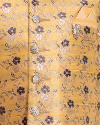 Yellow printed cotton silk boys-kurta-pyjama 4