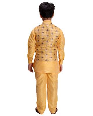 Yellow printed cotton silk boys-kurta-pyjama 5