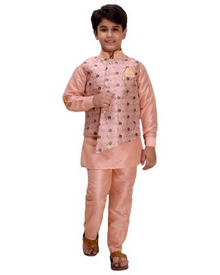 Pink printed cotton silk boys-kurta-pyjama 1