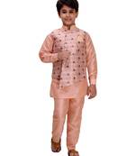 Pink printed cotton silk boys-kurta-pyjama