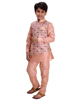 Pink printed cotton silk boys-kurta-pyjama 3