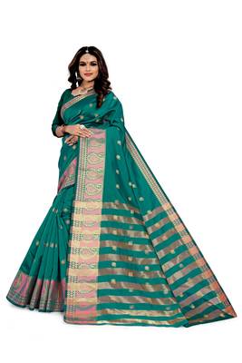 Blissta Rama Silk Blend Boder & Butta Work Jacquard Woven Saree With Running Blouse 1