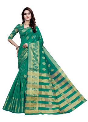 Kimisha Rama Art Silk Jacquard & Zari Butta Woven Saree With Running Blouse 1