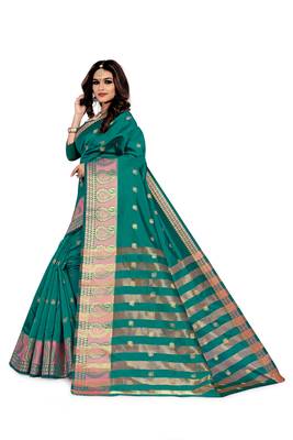 Blissta Rama Silk Blend Boder & Butta Work Jacquard Woven Saree With Running Blouse 5
