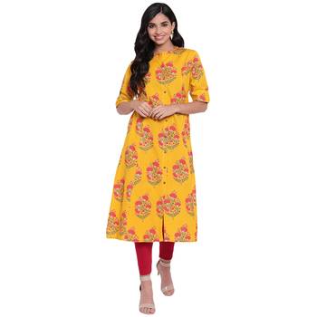 Mustard printed cotton ethnic-kurtis 1
