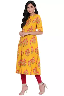 Mustard printed cotton ethnic-kurtis