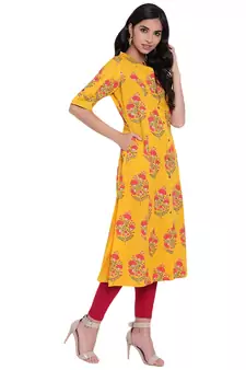 Mustard printed cotton ethnic-kurtis