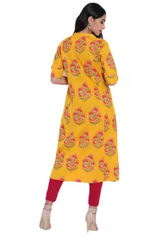 Mustard printed cotton ethnic-kurtis