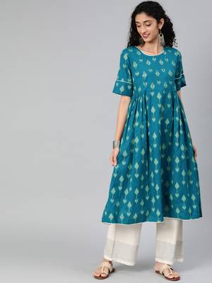 Kimisha Cotton Printed Anarkali Kurta(Turquoise Blue) 1