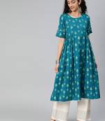 Kimisha Cotton Printed Anarkali Kurta(Turquoise Blue)