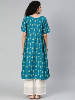 Kimisha Cotton Printed Anarkali Kurta(Turquoise Blue) 3