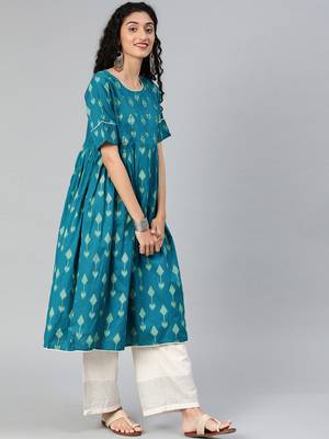 Kimisha Cotton Printed Anarkali Kurta(Turquoise Blue) 4