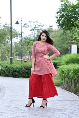 Stylish women Cotton  A-line Kurti With Designer Rayon Sharara Set 1