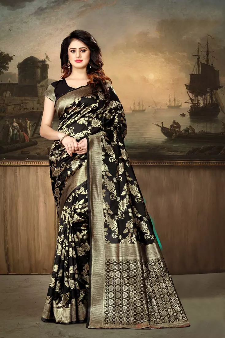 Black Woven Art Silk Saree With Blouse