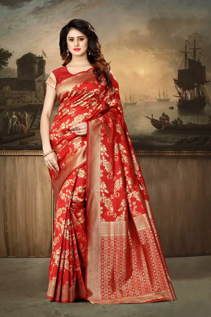 Red Woven Art Silk Saree With Blouse