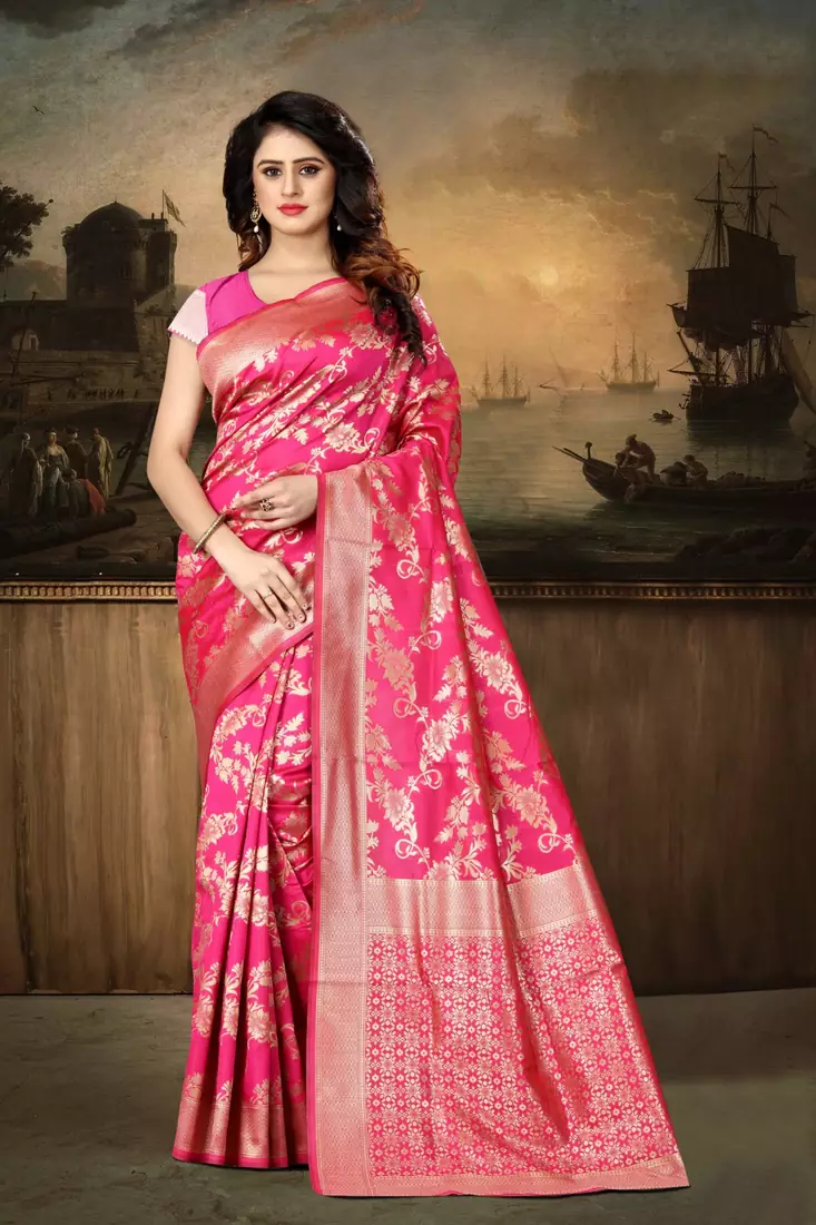Rani Pink Woven Art Silk Saree With Blouse
