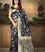 Navy Blue Woven Art Silk Saree With Blouse