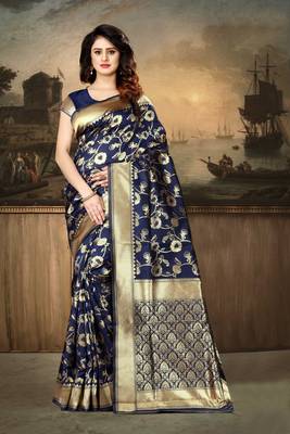 Navy Blue Woven Art Silk Saree With Blouse 2