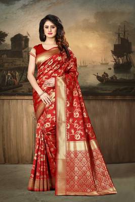Red Woven Art Silk Saree With Blouse 5