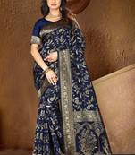 Navy Blue Woven Art Silk Saree With Blouse
