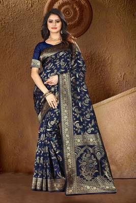 Navy Blue Woven Art Silk Saree With Blouse 5