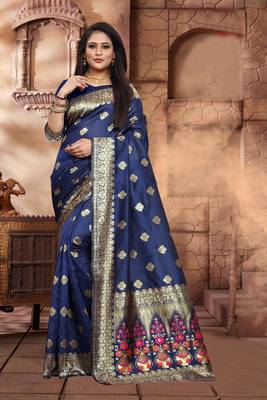 Navy Blue Woven Art Silk Saree With Blouse 2