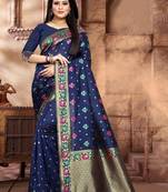 Navy Blue Woven Kanjivaram Silk Saree With Blouse