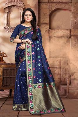 Navy Blue Woven Kanjivaram Silk Saree With Blouse 2