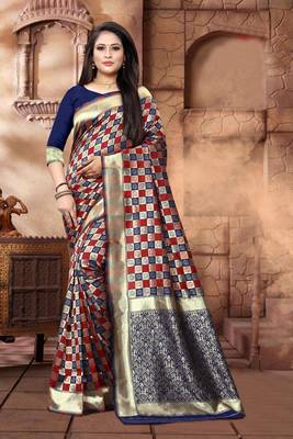Navy Blue Woven Kanjivaram Silk Saree With Blouse 3